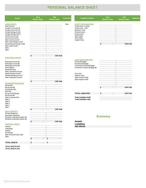 Personal Balance Sheet Excel Template Personal Balance Sheet Template