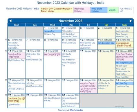 Print Friendly November 2023 India Calendar for printing