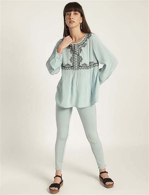 Buy Pure Viscose Embroidery Keyhole Neck Blouse at Marks & Spencer