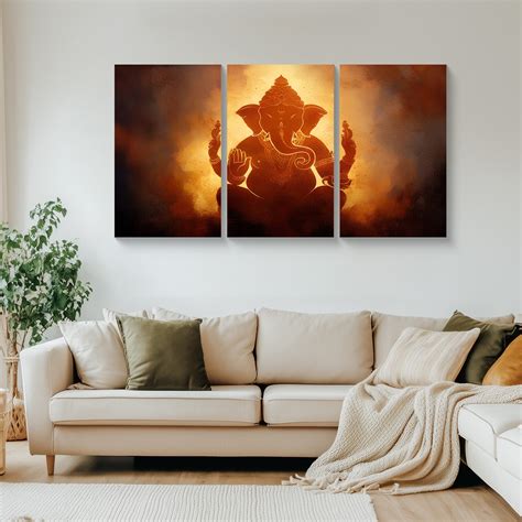 Golden Aura Ganesha | Divine Triptych Canvas Glow – CRAFTICO