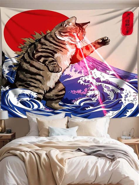 1pc Japanese Tapestry, Funny Cat Ocean Wave Wall Tapestry Cherry ...