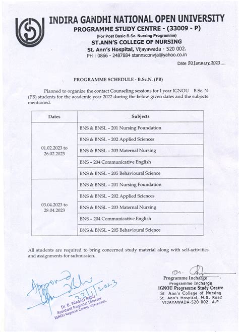 IGNOU-RC-Vijayawada - Student Corner - Counselling Schedule for ODL ...