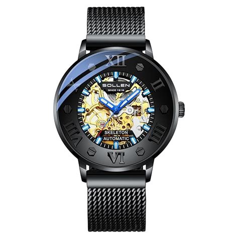 Buy SOLLEN Automatic Watches for Men, Black Skeleton Watches for Men ...