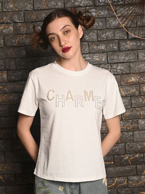 Odette White Cotton Jersey Embroidered T-Shirt For Women