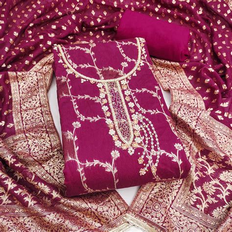 Dark Magenta Floral Weaving Banarasi Silk Dress Material Featuring Seq