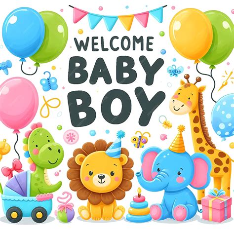 A poster for welcome baby boy and balloons with a banner that says ...