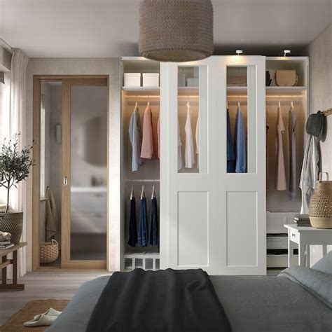 PAX / GRIMO wardrobe with sliding doors, white/clear glass white ...