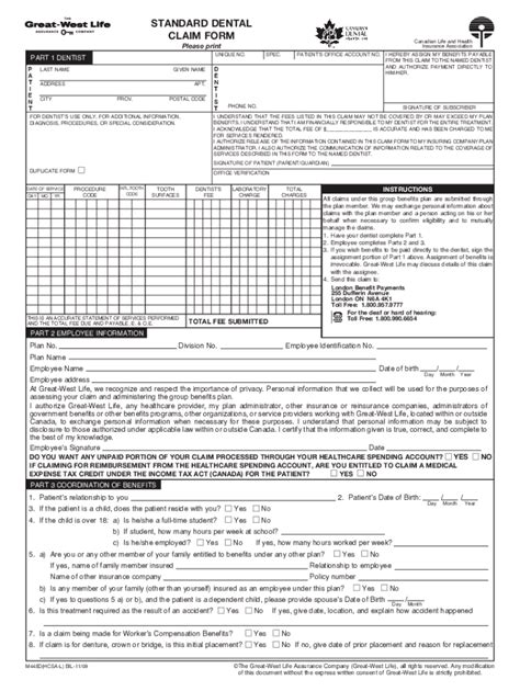 Canadian Dental Claim Form - Blank Fillable Template | Fill Out, Print ...