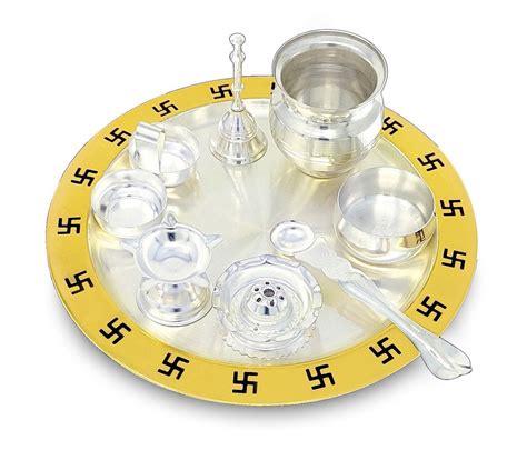 BENGALEN Pooja Thali Set 9 Inch Gold & Silver Plated with Gray Gift Bo