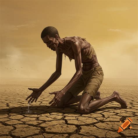 A very thin man on his knees in a cracked desert, reaching out towards ...