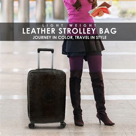 Light Weight Cabin Luggage Dark Brown Croco Textured Leather Trolley b