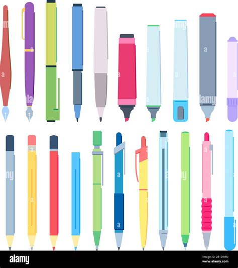 Cartoon pens and pencils. Writing pen, drawing pencil and highlighter marker vector illustration ...