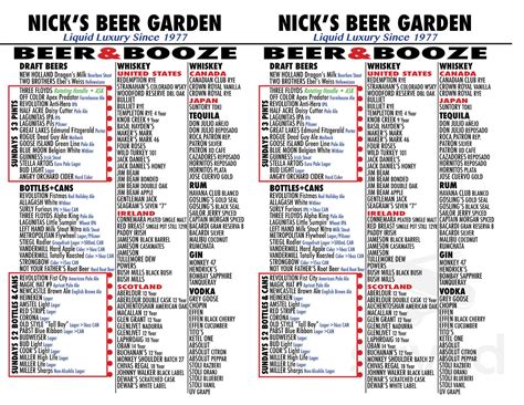 Nick's Beer Garden menu in Chicago, Illinois, USA