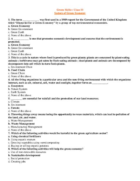 Green Skills Class 11: Essential Q&A on Green Economy Topics - Studocu