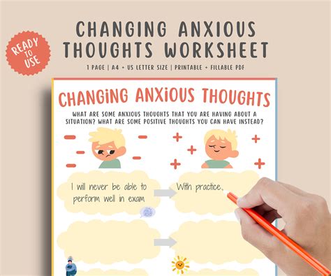 Changing Anxious Thoughts Worksheet for Kids and Teens, Challenging Negative Thoughts, CBT ...