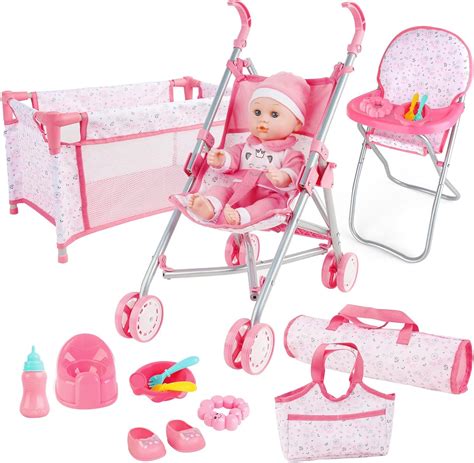 Amazon.com: deAO Baby Doll Stroller Crib Bed Nursery Role Play Set Baby ...