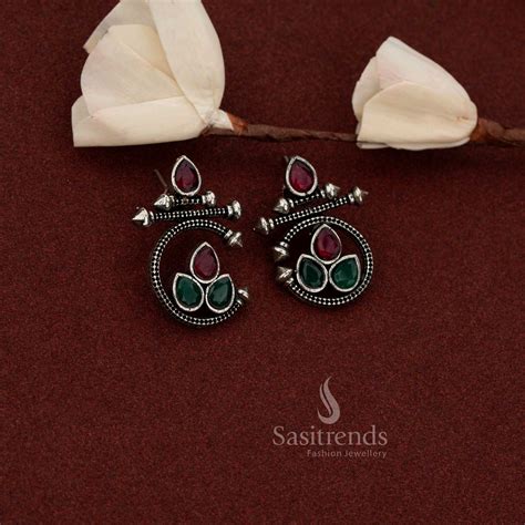 Oxidised Silver Teardrop Geometric Spike Stone Earrings – Sasitrends