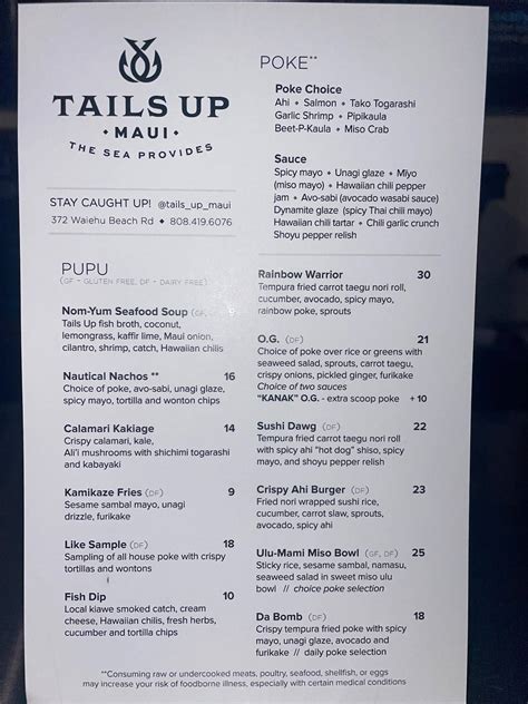 Menu at Tails Up Maui restaurant, Wailuku