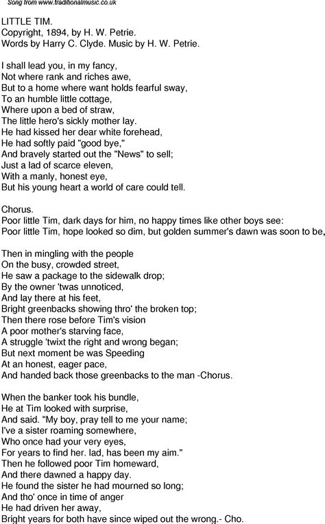 Old Time Song Lyrics for 52 Little Tim