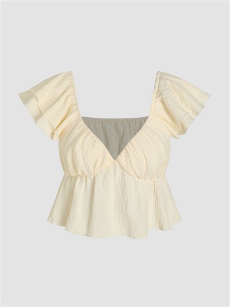 Woven V-neck Ruffle Hem Short Sleeve Blouse For Daily Casual