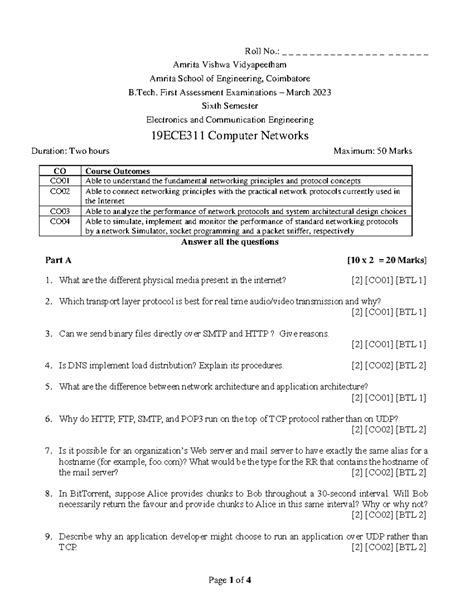 19ECE311 Midterm Assessment 2023 - Computer Networks Question Papers ...