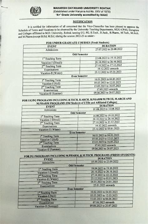 MDU-CPAS 2022-23 Academic Schedule and Vacations Notification - Studocu