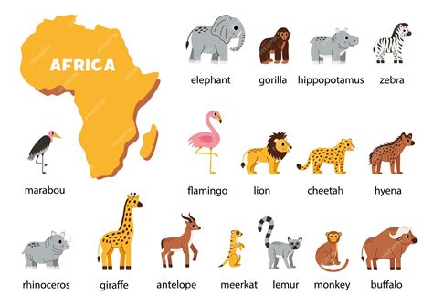 Animais africanos com nomes Mapa do continente da África | Vetor Premium