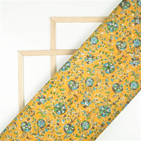 Honey Yellow And True Blue Floral Pattern Booti Sequins Handblock Cott ...