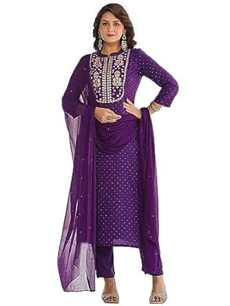 Buy GoSriKi Women's Cotton Blend Straight Embroidered Kurta with Pant ...