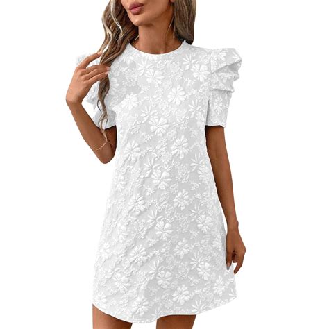 White Women Short Sleeve Floral Dresses for Women Boat Neck Midi Knee ...