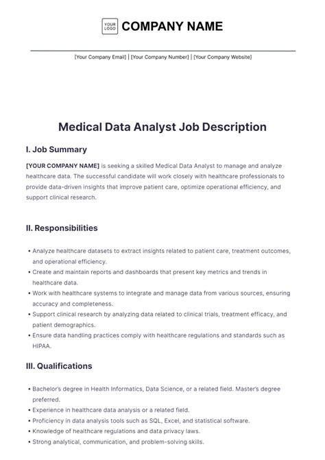 Free Medical Data Analyst Job Description Template to Edit Online