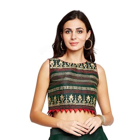 Studiorasa Semi Dupion Block Printed Crop Top Green : Amazon.in ...