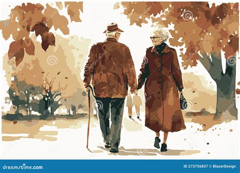 Old Couple Walking Together in a Park. Elderly Love. Vector Art of Romance. Painting of ...