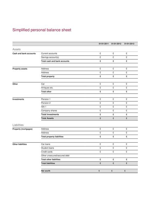 Personal Balance Sheet Template