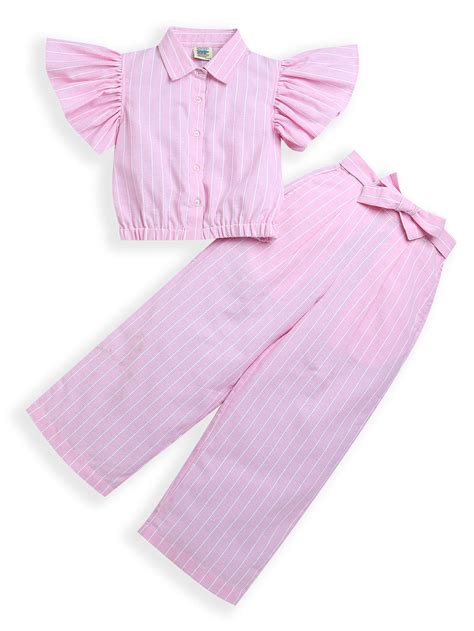 Girls Pink Frill Sleeve Striped Knot Top and Matching Pants Co-ord Set ...