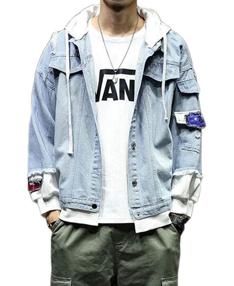 Buy GUOCAI Men Plus Size Loose Fit Floral Hip Hop Hoodie Washed Denim ...