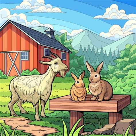Whimsical Illustration of Two Rabbits and a Goat on a Bench