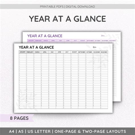 Year at a Glance Printable PDF Yearly Planner Digital Download A4 A5 US Letter - Etsy