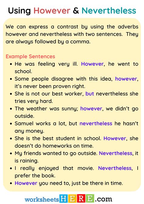 Using However and Nevertheless with Example Sentences PDF Worksheet For Students ...
