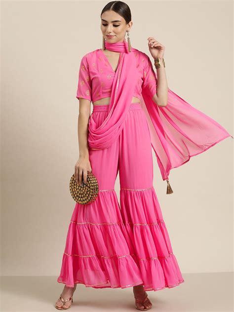 Buy Women Pink Tiered Palazzo With Attached Pallu Online at Sassafras