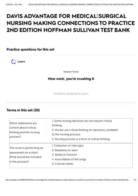 DAVIS ADVANTAGE FOR MEDICAL SURGICAL NURSING MAKING CONNECTIONS TO ...