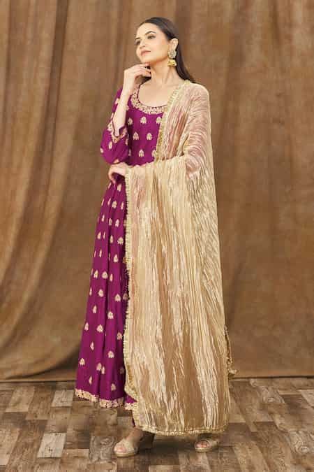 Buy Magenta Pure Spun Silk Hand Embroidered Aari Work Scoop Anarkali ...