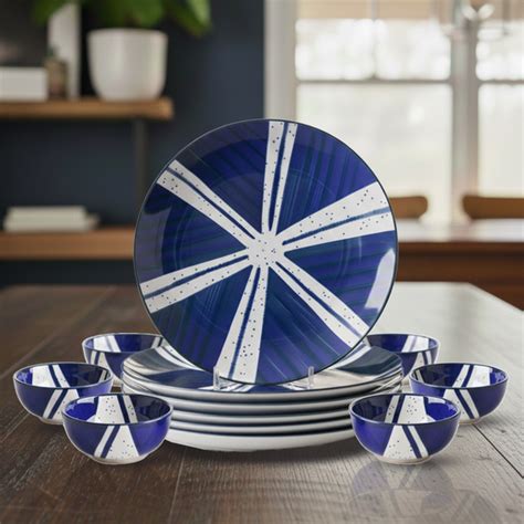 BlackCarrot Ceramic Dinner Set Blue Splash 12 Piece Stoneware Crockery