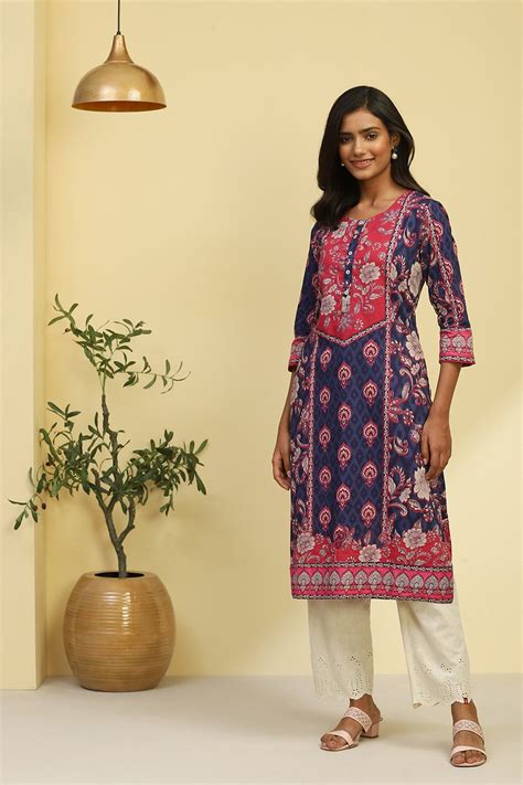 Buy Navy Blue and Pink Cotton Floral Printed Straight Kurta Online at ...