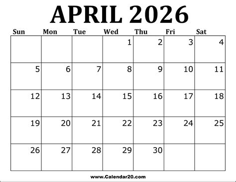April 2026 Calendar Printable - Calendar20.com
