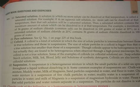 Explain giving example saturated solution, pure substance, colloid and ...