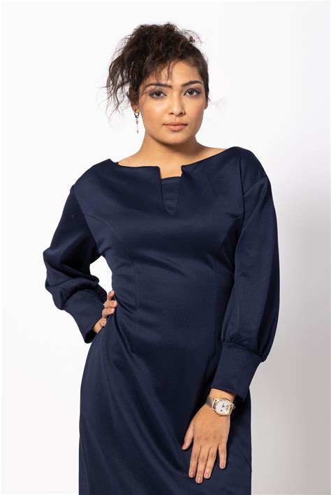 Navy Blue Bodycon Fitted Dress with Cuffed Sleeves for Women by Home of ...