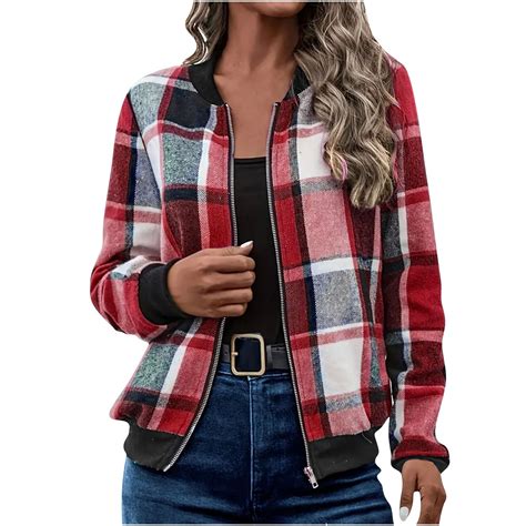 cocolona Womens Plaid Jacket Lightweight Long Sleeve Zip Up Jacket Coat ...