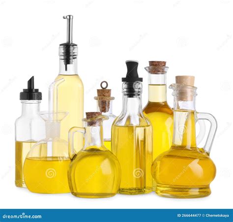Different Glass Bottles of Cooking Oil on White Background Stock Image ...