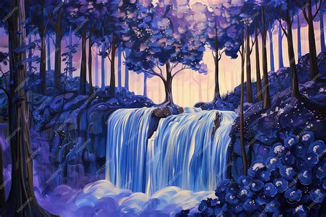 A painting of a waterfall surrounded by trees in the style of optical ...